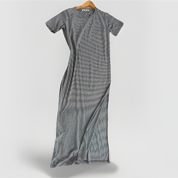 AMO Dune Stripe Maxi T-Shirt Dress Navy/White Size Small‎ Side Slits Cotton - Picture 1 of 10